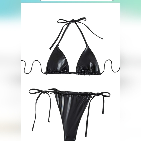 💚5/$25 Triangle String Bikini Black Faux Leather Cheeky Thong Bottoms Halter - Picture 2 of 2